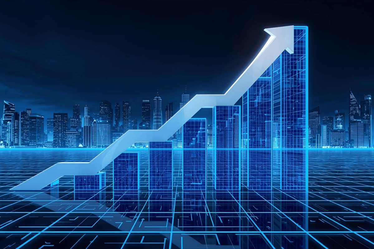 Growth chart rising over a global city skyline